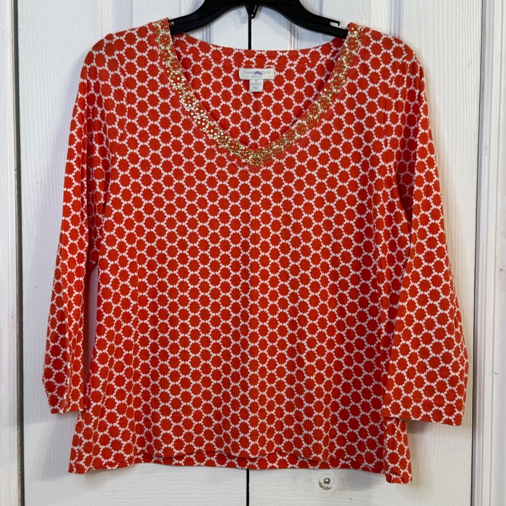 Charter Club Petite Top Gold Embellished 3/4 Sleeve Geometric Print PL Orange